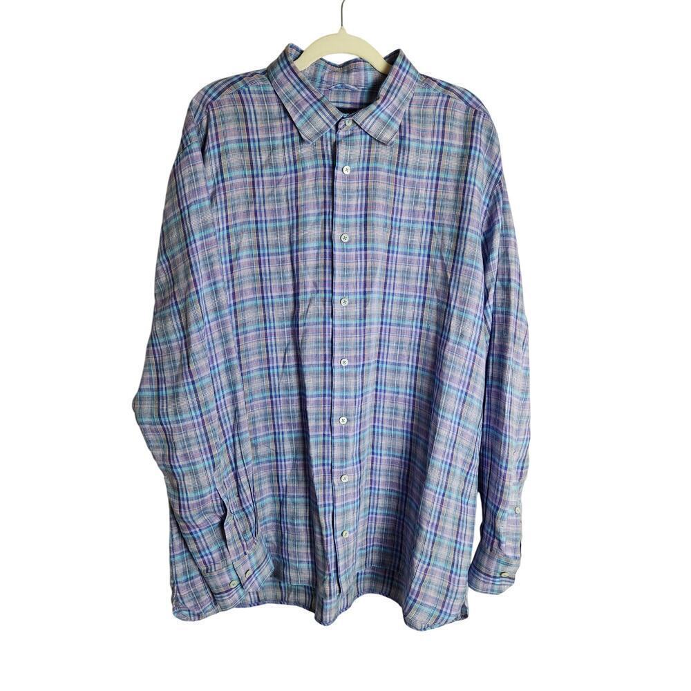 Calder Carmel Mens Button Front Linen Shirt Sz Xxl Plaid Limited Edition Casual